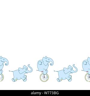 Vector seamless border of cute cartoon elephants on white background. Funny elephant on unicycle and elephant-clown Stock Vector