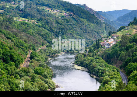 The River  Mino below  the little village of Penalba, between Orense and Os Peares, in the Ribeira Sacra winemaking region,  Orense Province, Galicia, Stock Photo
