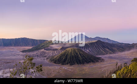 Sunrise at the Bromo Tengger Semeru National Park on the Java Island, Indonesia. View on the Bromo or Gunung Bromo on Indonesian, Semeru and other Stock Photo