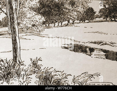 A 1933 sketch showing the site of the Roman city of Verulamium, situated to the southwest of the modern city of St Albans in Hertfordshire, Great Britain, on the Watling Street route in an area settled by the Catuvellauni tribe. The Roman 'municipium' settlement was established by Tasciovanus. It was sacked and burnt on the orders of Boudica of the Iceni in 61AD Stock Photo