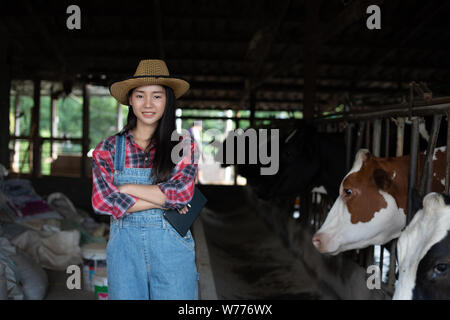 Asian women farming and agriculture industry and animal husbandry concept - young women or farmer with tablet pc computer and cows in cowshed on dairy Stock Photo