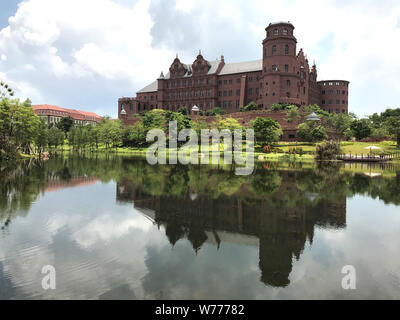 28 June 2019, China, Dongguan: A replica of Heidelberg Castle can be seen on the Ox Horn campus, which is based on the architecture of 12 European cities. The USA accuses Huawei of espionage for Beijing and exerts pressure on European countries to stop doing business with the Chinese telecom company. (to dpa 'European challenge for Huawei: Telecom giant defies the USA') Photo: Simina Mistreanu/dpa Stock Photo