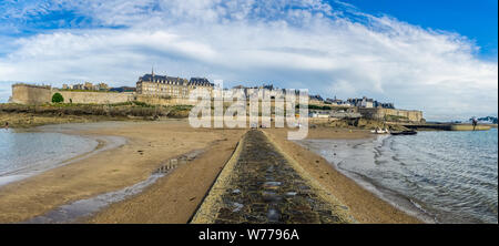 Saint Malo old town ramparts cityscape or skyline and Plage de Bon-Secours on a sunny day, Brittany, France. Stock Photo