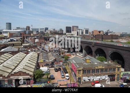 Birmingham, West Midlands, July, 2019. Birmingham City Centre skyline from Digbeth towards the Bullring and the Rotunda. Railway line on the right continues to Moor Street Station which will be linked to HS2. Credit: Sam Holiday/Alamy Live News Stock Photo