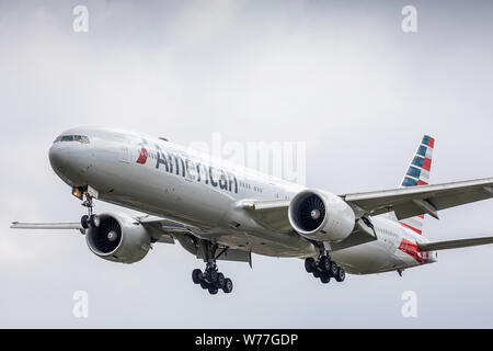 American Airlines Boeing 777-323(ER), registration N719AN, landing on August 2nd 2019 at London Heathrow Airport, Middlesex, UK Stock Photo