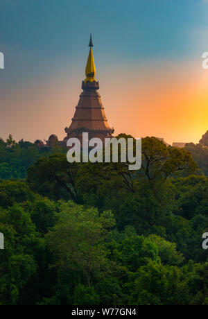 The Twin Royal Stupas dedicated to His Majesty The King and Queen of Thailand at sunset in Doi Inthanon National Park near Chiang Mai Thailand. Phra M Stock Photo