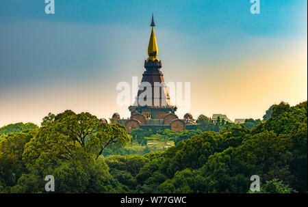 The Twin Royal Stupas dedicated to His Majesty The King and Queen of Thailand at sunset in Doi Inthanon National Park near Chiang Mai Thailand. Phra M Stock Photo