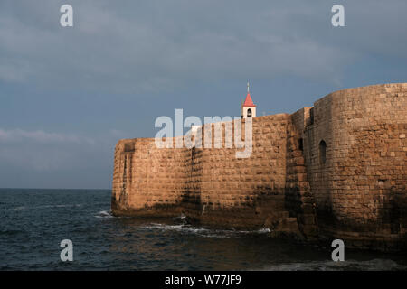 View of the southern fortified walls surrounding the old city of Akko or Acre built by the Ottoman ruler, Ahmed al-Jezzar Pasha at the seacoast of the Mediterranean Sea northern Israel Stock Photo