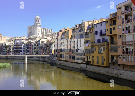 Girona's famous skyline with Cathedral and river houses in Catalonia Stock Photo