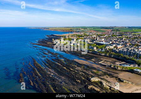 A stunning drone shot of St Andrews' iconic coastline at low tide. Stock Photo