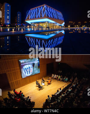 (190805) -- HARBIN, Aug. 5, 2019 (Xinhua) -- Combo photo taken on Aug. 2, 2019 respectively shows the exterior look of the Harbin concert hall (Up) and audiences watching a performance inside the concert hall (Down) in Harbin, capital of northeast China's Heilongjiang Province. Attracted by the coolness in summer, many tourists come to Harbin for vacation. Meanwhile, Harbin is a city of music for the locals who got in touch with European classical music in an earlier time in China. With the cool summer and rich culture, Harbin received 36.23 million tourists and made revenue of 60.7 billion yu Stock Photo