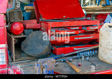 A set of tools for technical support machines on the race. Box with set of tools for car repair. Stock Photo