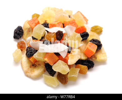 dried pineapple, banana chips, raisins, dried papaya and coconut for background uses Stock Photo