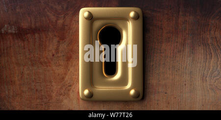 Secret, mystery concept. Gold keyhole, closeup view, wood door background, banner. 3d illustration Stock Photo