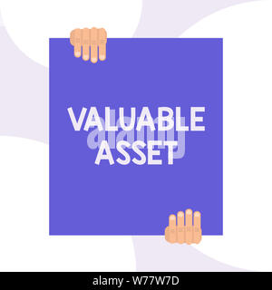 Handwriting text writing Valuable Asset. Conceptual photo Your most valuable asset is your ability or capacity Two hands holding big blank rectangle u Stock Photo