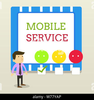 Word writing text Mobile Service. Business photo showcasing Radio communication utility between mobile and land stations White Male Questionnaire Surv Stock Photo