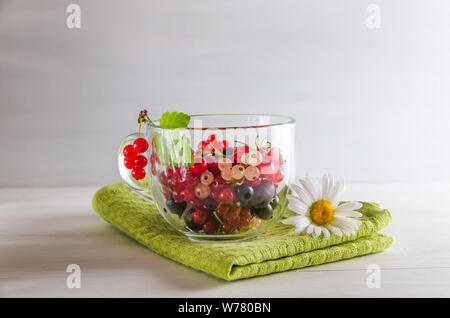 fresh multicolored currant berries in a mug on a white background