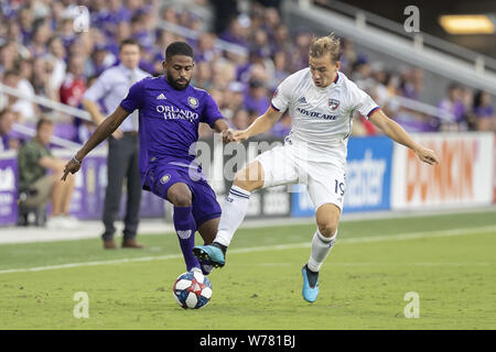 August 3, 2019, Orlando, Florida, U.S.A: Orlando City defense RUAN (2) in action against FC Dallas midfielder PAXTON POMYKAL (19) during the MLS game at Exploria Stadium in Orlando. Florida. (Credit Image: © Cory Knowlton/ZUMA Wire) Stock Photo