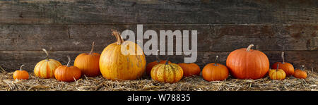 Various pumpkins on stack of hay or straw Stock Photo