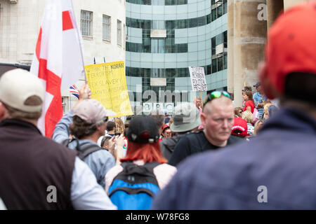 London, UK. 3rd August 2019. Tommy Robinson supporters hold a rally near Oxford Circus in front of the BBC. Credit: Joe Kuis / Alamy News Stock Photo