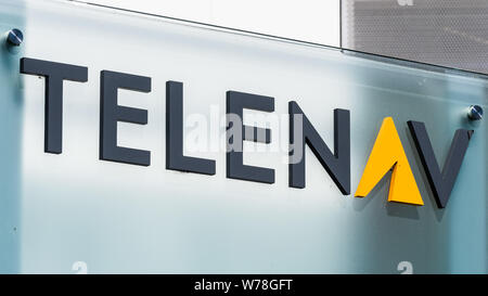 August 1, 2019 Santa Clara / CA / USA - Telenav sign displayed at their HQ in Silicon Valley;  Telenav Inc is a wireless location-based services corpo Stock Photo