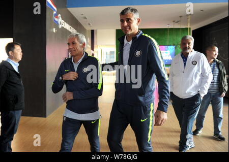 Italian former football player Giuseppe Baresi, left, and Francesco Toldo attend a press conference for the match between Inter Forever and Chinese Al Stock Photo