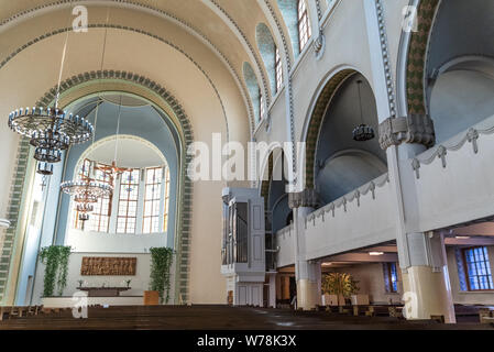 Helsinki, Finland - June 18, 2019: Interior of Lutheran Kallio Church or Kallion kirkko. Stock Photo