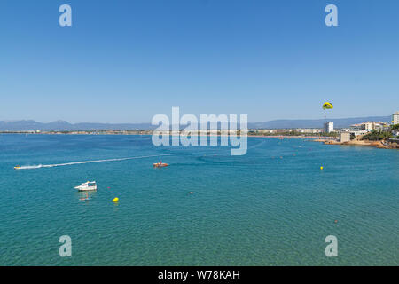 Time lapse in the sea of Salou, Spain. Busy coastline and beach at summer Stock Photo