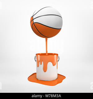 3d rendering of half-colored basketball that's been dipped in orange paint and is floating in air, paint dripping down, on light background. Sports eq Stock Photo