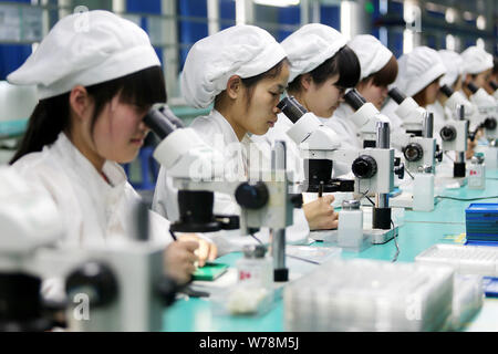 --FILE--Female Chinese workers produce mobile phone parts on the assembly line at a factory in Huaibei city, east China's Anhui province, 7 March 2017 Stock Photo