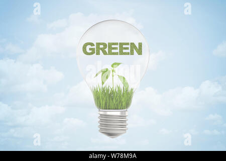 3d rendering of GREEN sign over small green sprout inside a light bulb on blue sky background. Ecology and environment. Environmental issues. Digital Stock Photo