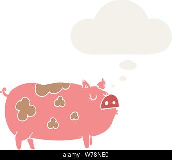 cartoon pig with thought bubble in retro style Stock Vector
