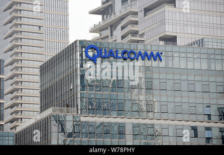 --FILE--View of a logo of Qualcomm at an Innovation Center of Qualcomm Wireless Communication Technologies (China) Limited in Shenzhen city, south Chi Stock Photo