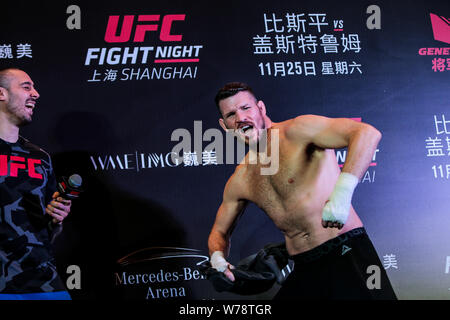 British mixed martial artist and actor Michael Bisping receives an interview during his open workout ahead of the 2017 UFC Fight Night Shanghai at the Stock Photo