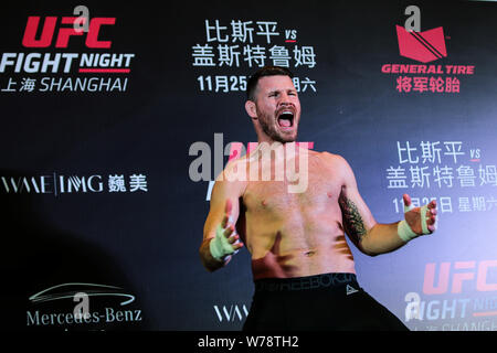 British mixed martial artist and actor Michael Bisping receives an interview during his open workout ahead of the 2017 UFC Fight Night Shanghai at the Stock Photo