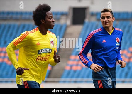 Colombian football player Giovanni Moreno, right, of Shanghai Greenland Shenhua and Colombian national men's football team, and his teammate Carlos Sa Stock Photo