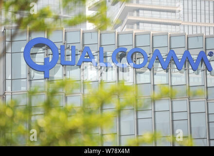 --FILE--View of a logo of Qualcomm at an Innovation Center of Qualcomm Wireless Communication Technologies (China) Limited in Shenzhen city, south Chi Stock Photo