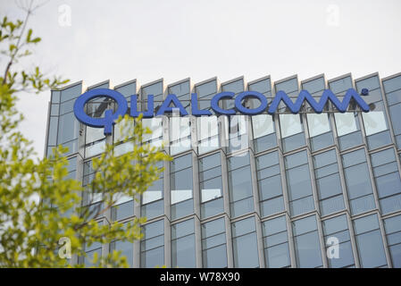 --FILE--View of a logo of Qualcomm at an Innovation Center of Qualcomm Wireless Communication Technologies (China) Limited in Shenzhen city, south Chi Stock Photo