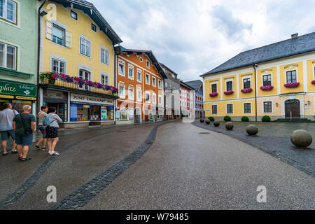MONDSEE, AUSTRIA - JULY 13, 2019: Mondsee is a town in the Vocklabruck district in Upper Austria located on the shore of the lake Mondsee. The town is Stock Photo