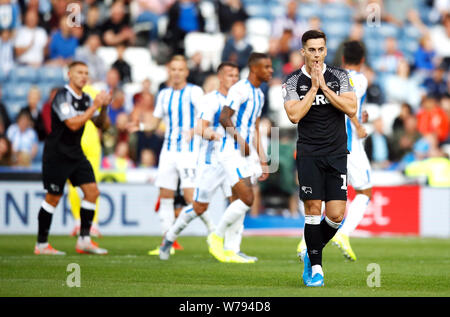 Derby County's Tom Lawrence reacts during the Sky Bet Championship match at the John Smith's Stadium, Huddersfield. Stock Photo