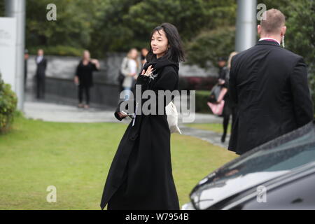 Victoria's Secret Angel and Chinese model Ju Xiaowen is pictured as she leaves the hotel for a rehearsal of the 2017 Victoria's Secret Fashion Show in Stock Photo