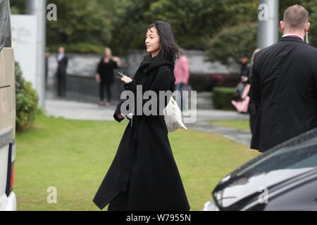 Victoria's Secret Angel and Chinese model Ju Xiaowen is pictured as she leaves the hotel for a rehearsal of the 2017 Victoria's Secret Fashion Show in Stock Photo