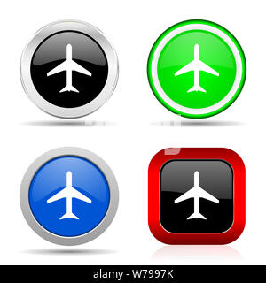 Plane red, blue, green and black web glossy icon set in 4 options Stock Photo