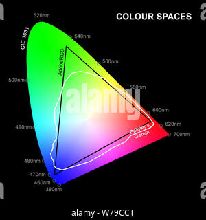 An illustration of AdobeRGB and Pointer's Gamut colour spaces overlaid on CIE 1931 Chromaticity Diagram of human colour perception. Stock Photo