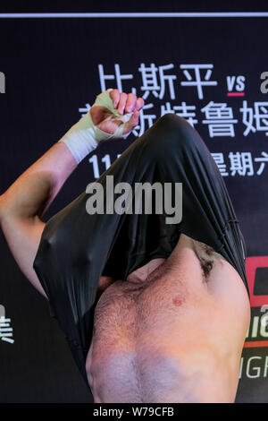 British mixed martial artist and actor Michael Bisping receives an interview during his open workout ahead of the 2017 UFC Fight Night Shanghai at the Stock Photo