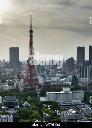 Tokyo city skyline and loads of skyscrapers plus Tokyo tower and Zozoji temple as seen from the WTC. Stock Photo