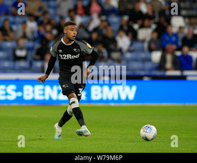 Huddersfield, UK. 5th August, 2019. 5th August 2019, John Smith's Stadium, Huddersfield, Yorkshire, England; EFL Championship football. Huddersfield Town versus Derby County; Jayden Bogle of Derby County passes the ball forward - Strictly Editorial Use Only. No use with unauthorized audio, video, data, fixture lists, club/league logos or 'live' services. Online in-match use limited to 120 images, no video emulation. No use in betting, games or single club/league/player publications Credit: Action Plus Sports Images/Alamy Live News Stock Photo