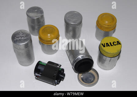 Antiq metal boxes , containers  for Film  35mm Stock Photo
