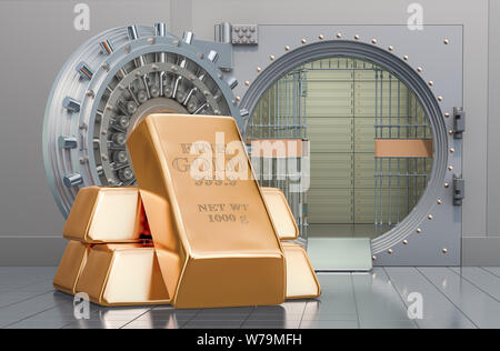 Golden ingots with opened bank vault, 3D rendering Stock Photo