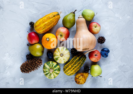 Thanksgiving day composition of vegetables and fruits on gray background. Autumn harvest concept. Pumpkins, pears, plums, apples on  table, top view, Stock Photo